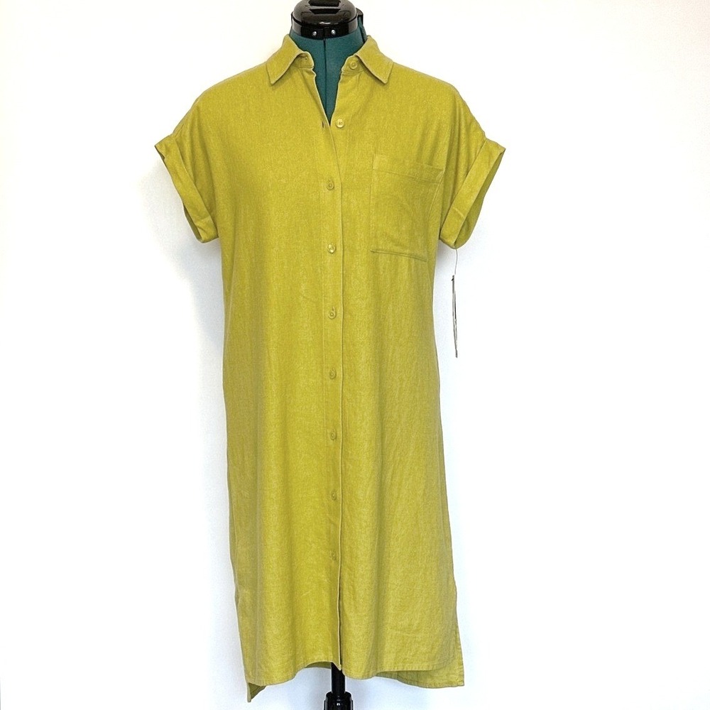 NWT Calvin Klein Women Green Linen Blend Button‎ Down Shirt Dress Size 2